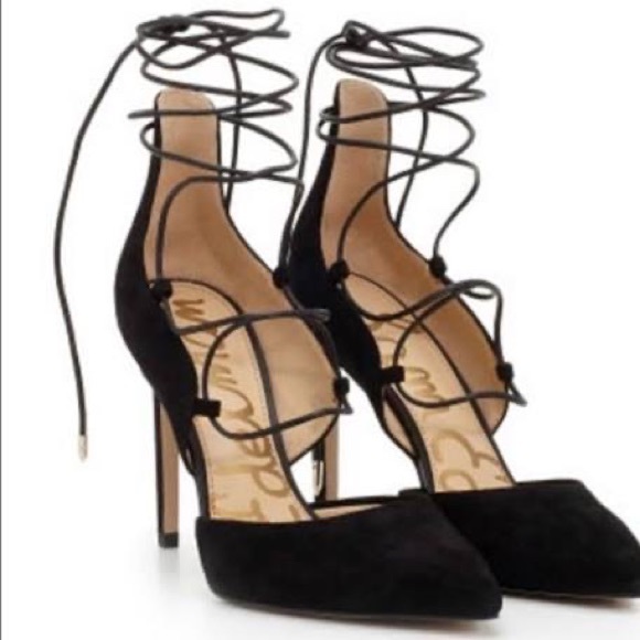 Sam Edelman Helaine Black Suede Lace-Up Strappy Pumps - Picture 2 of 7